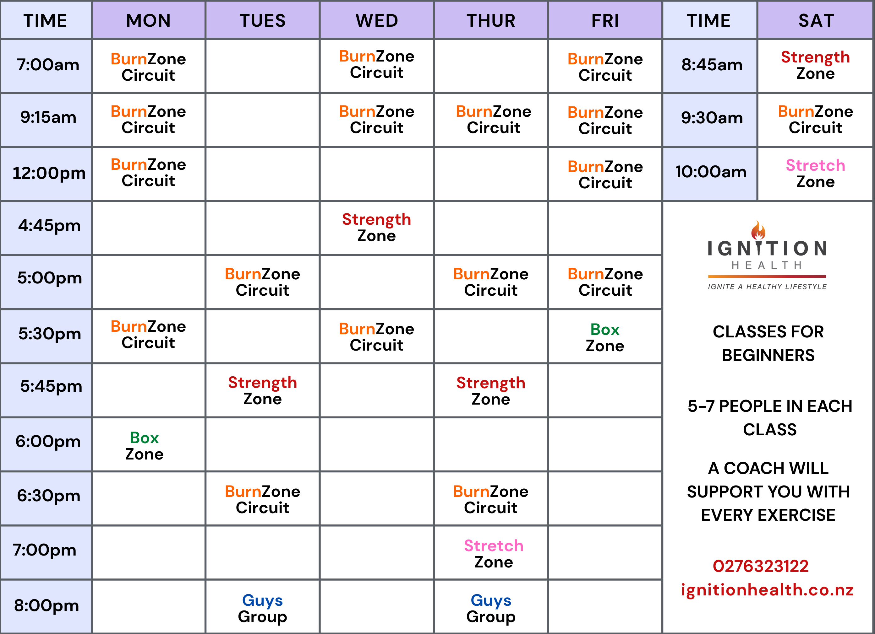 Our latest class timetable